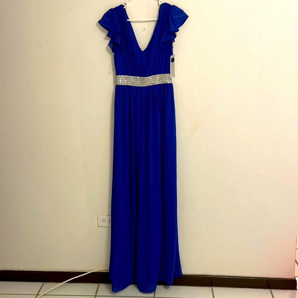Blue formal dress with crystals belt.